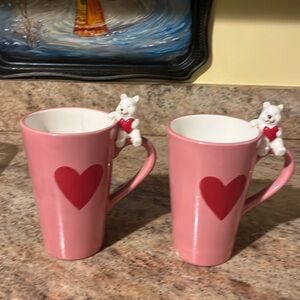 2 Tall Ceramic 2010 Valentine’s Day Mugs with Cute Ceramic Bear & Red Heart.